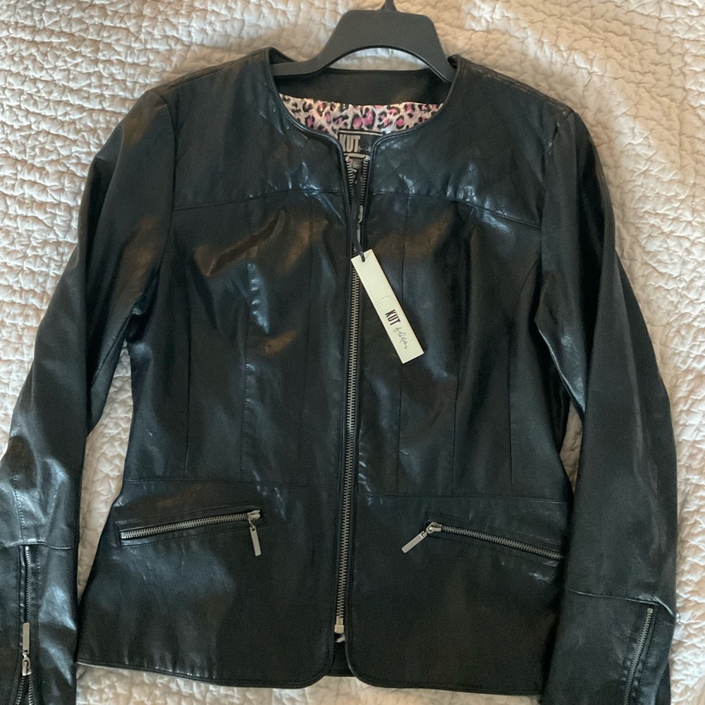 KUT from the Kloth Black Faux Leather Moto-Style Jacket Size XL.